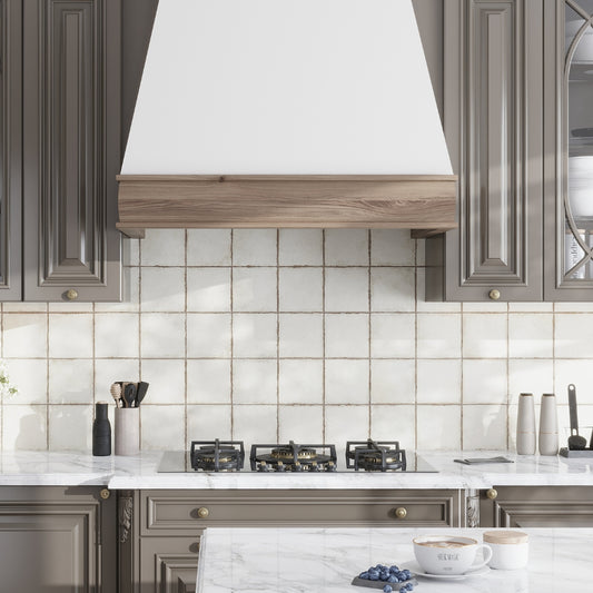 chalk white 8x8 matte square porcelain tile backsplash in modern kitchen setting