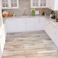 White matte porcelain wood-look rectangular tiles 5.9x35.4 inches installed on kitchen floor