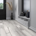 Gray matte porcelain rectangular floor tiles, 6x36 inches, installed in a staggered pattern