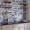 Sea blue glossy glass subway tile, 3x12 inch, installed as kitchen backsplash 