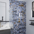 Glossy brown blue glass subway tile 3x12 on shower wall with gold fixtures