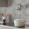 Beige 12x12 glossy herringbone glass mosaic tile backsplash with polished finish