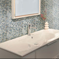 Blue gray 12x12 glossy herringbone glass mosaic tile on bathroom wall