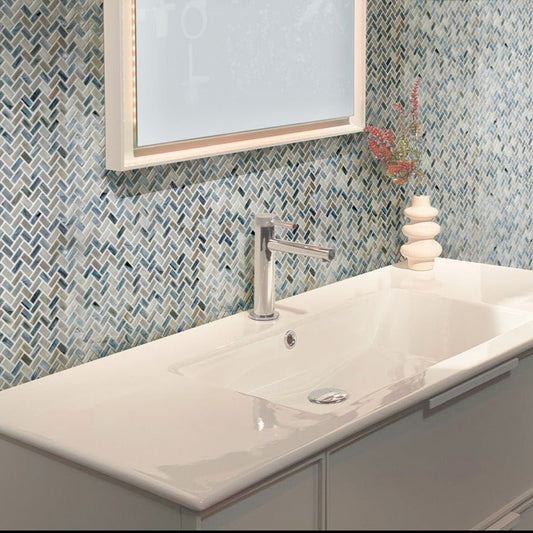 Blue Gray 12x12 Glossy Herringbone Glass Mosaic Tile (10 pack, 9.75 sq ft/case) - Sample