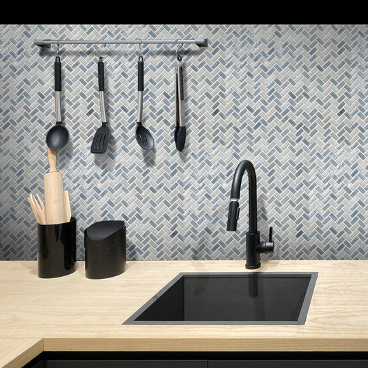 Blue 12x12 Glossy Herringbone Glass Mosaic Tile (10 pack, 9.75 sq ft/case) - Sample