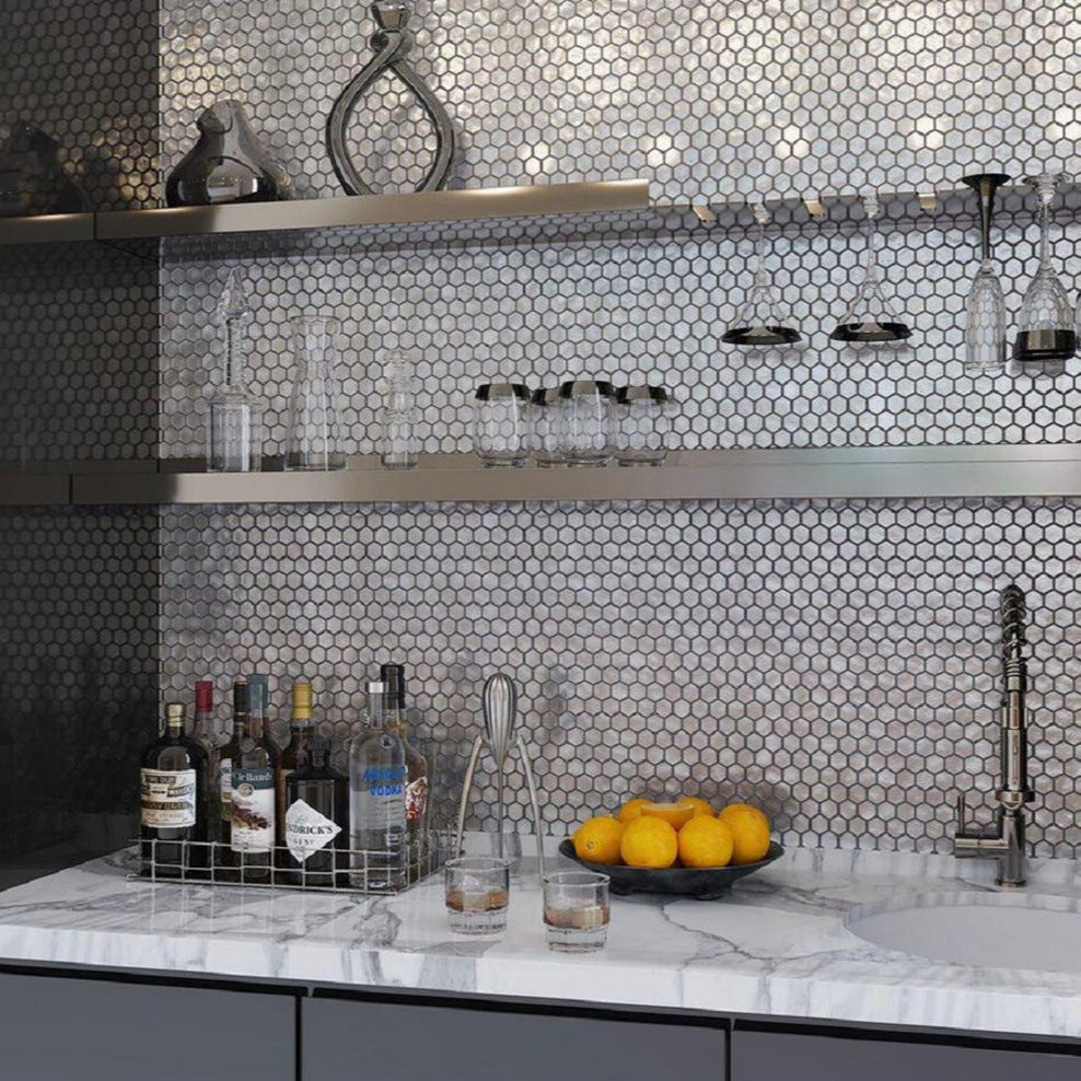 Silver 11x11 Glossy Matte Hexagon Glass Mosaic Tile (10 pack, 8.63 sq ft/case) - Sample