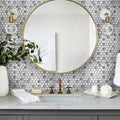 Silver hexagon glass mosaic tile with glossy matte finish on bathroom wall