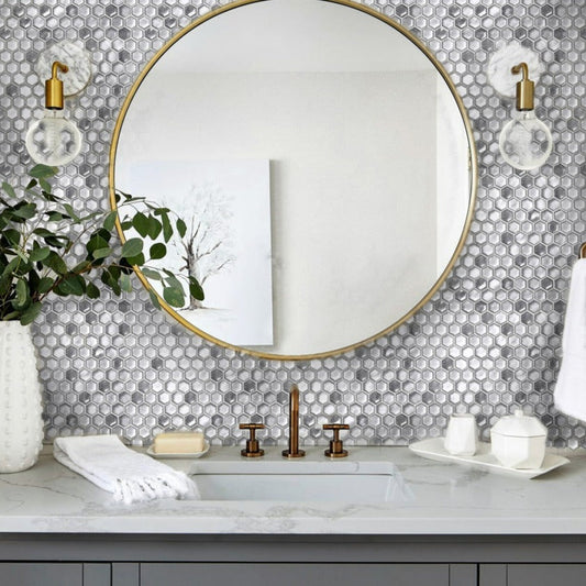 Silver 11x11 Glossy Matte Hexagon Glass Mosaic Tile (10 pack, 8.63 sq ft/case) - Sample