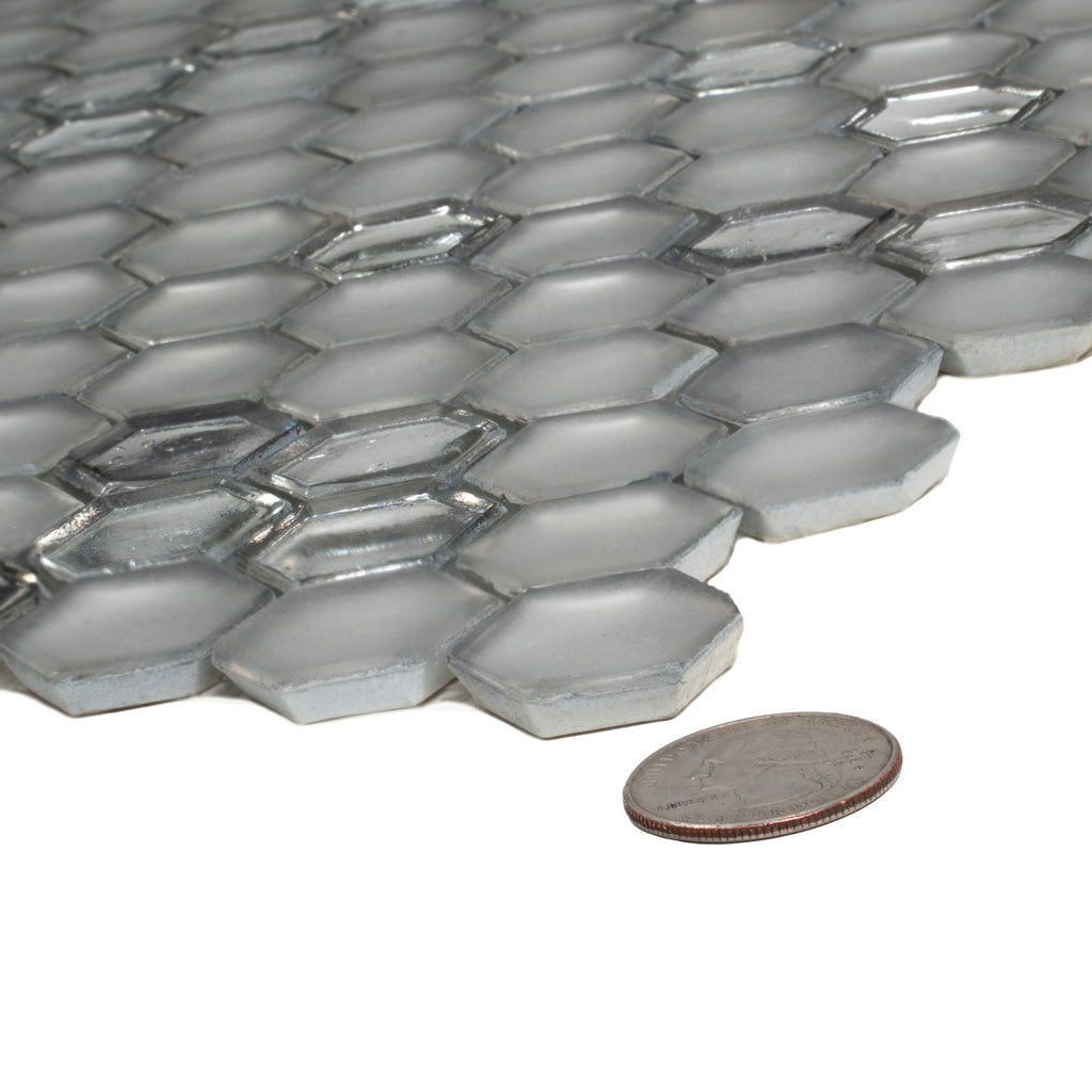 Silver 11x11 Glossy Matte Hexagon Glass Mosaic Tile (10 pack, 8.63 sq ft/case) - Sample