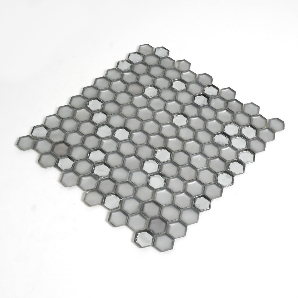 Silver 11x11 Glossy Matte Hexagon Glass Mosaic Tile (10 pack, 8.63 sq ft/case) - Sample