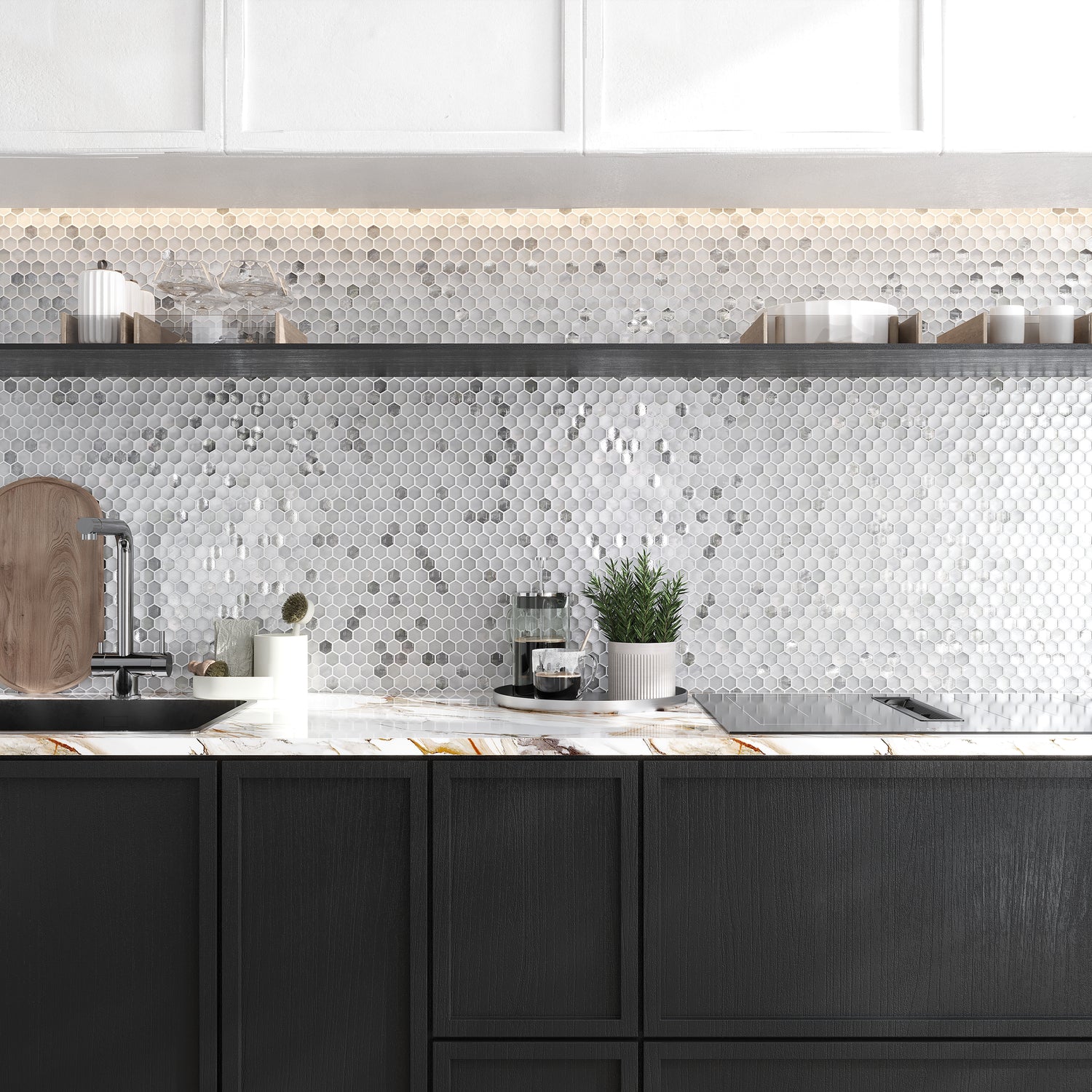 Sample-Silver 11x11 Glossy Matte Hexagon Glass Mosaic Tile (10 pack, 8.63 sq ft/case)