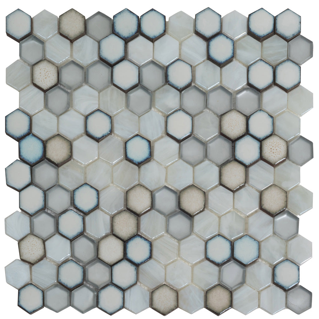 Gray White 11x11 Glossy Matte Hexagon Glass Ceramic Mosaic Tile (10 pack, 8.63 sq ft/case) - Sample