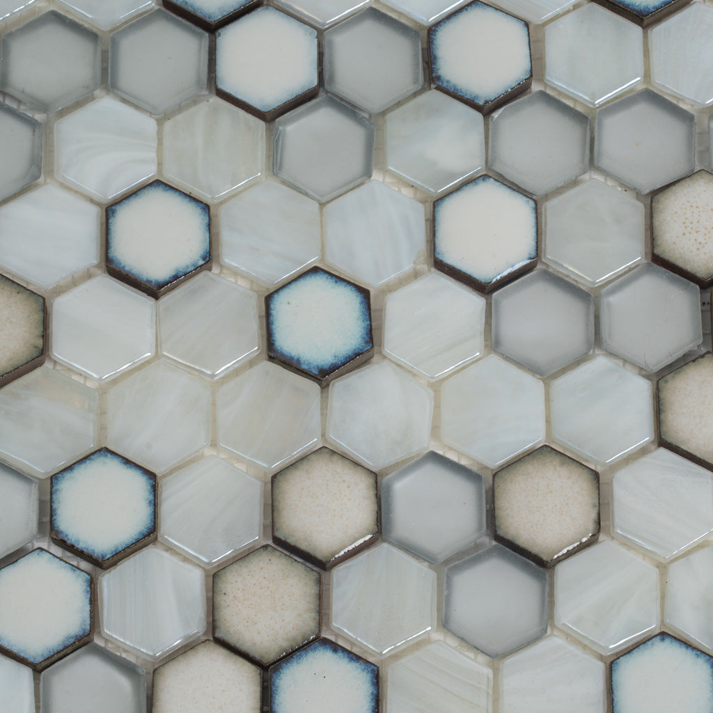 Gray White 11x11 Glossy Matte Hexagon Glass Ceramic Mosaic Tile (10 pack, 8.63 sq ft/case) - Sample