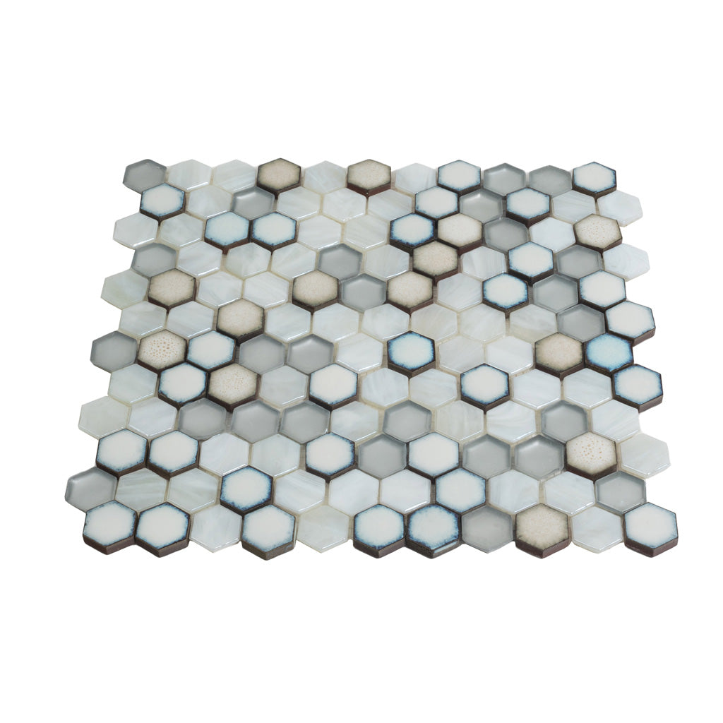 Gray White 11x11 Glossy Matte Hexagon Glass Ceramic Mosaic Tile (10 pack, 8.63 sq ft/case) - Sample