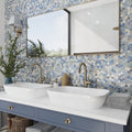 Light blue glossy hexagon glass mosaic tile backsplash, 11x11 inches