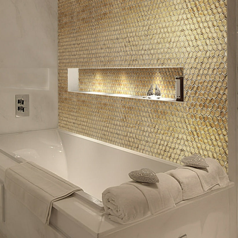 Gold 11x11 Glossy Hexagon Glass Mosaic Tile (10 pack, 8.63 sq ft/case) - Sample