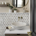 Cotton white hexagon glass mosaic tile with high-gloss finish on bathroom backsplash