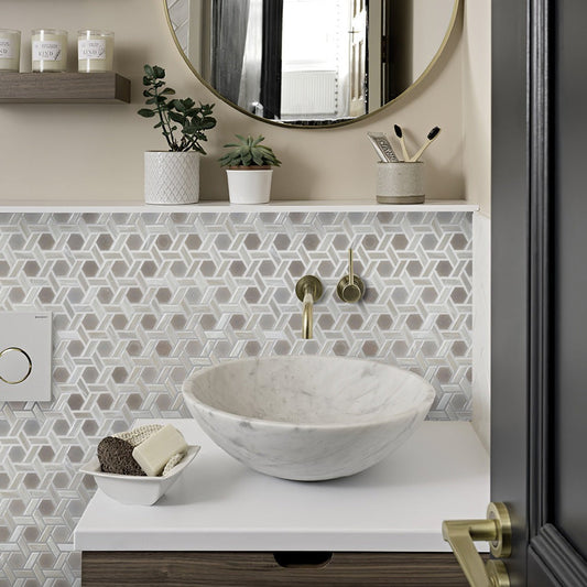 Cotton White 12x12 Glossy Hexagon Glass Mosaic Tile (10 pack, 9.67 sq ft/case) - Sample