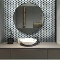 Teal green glossy hexagon glass mosaic tile 12x12 on bathroom wall