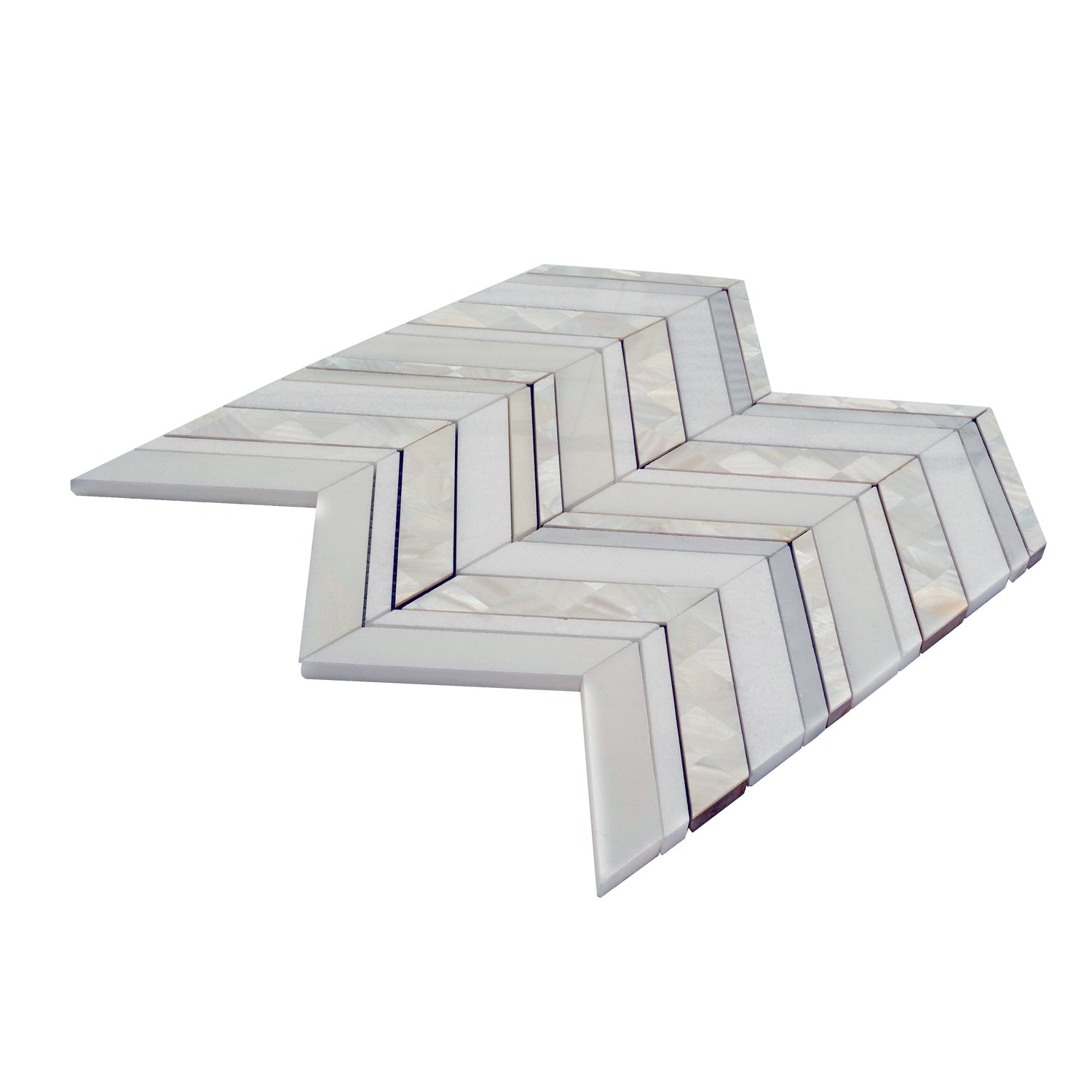 Pearl white polished Thassos shell mosaic tile in herringbone pattern with 12x12 size