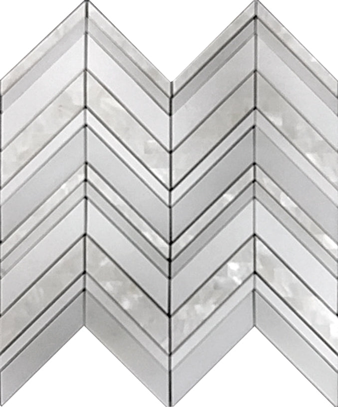 Pearl white polished Thassos shell mosaic tiles in 12x12 herringbone pattern