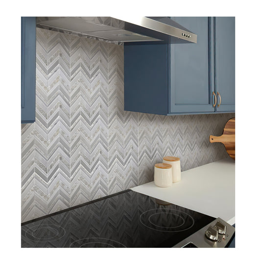 Pearl White polished Thassos shell herringbone mosaic tile backsplash with 12x12 size tiles