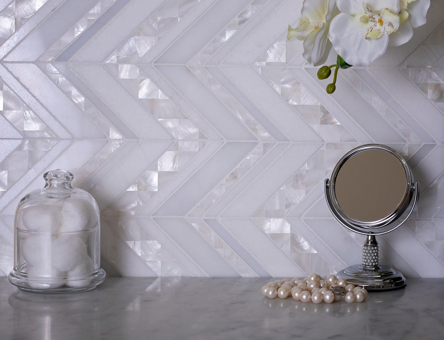 Pearl white polished Thassos shell herringbone mosaic tile 12x12 for elegant walls and backsplashes