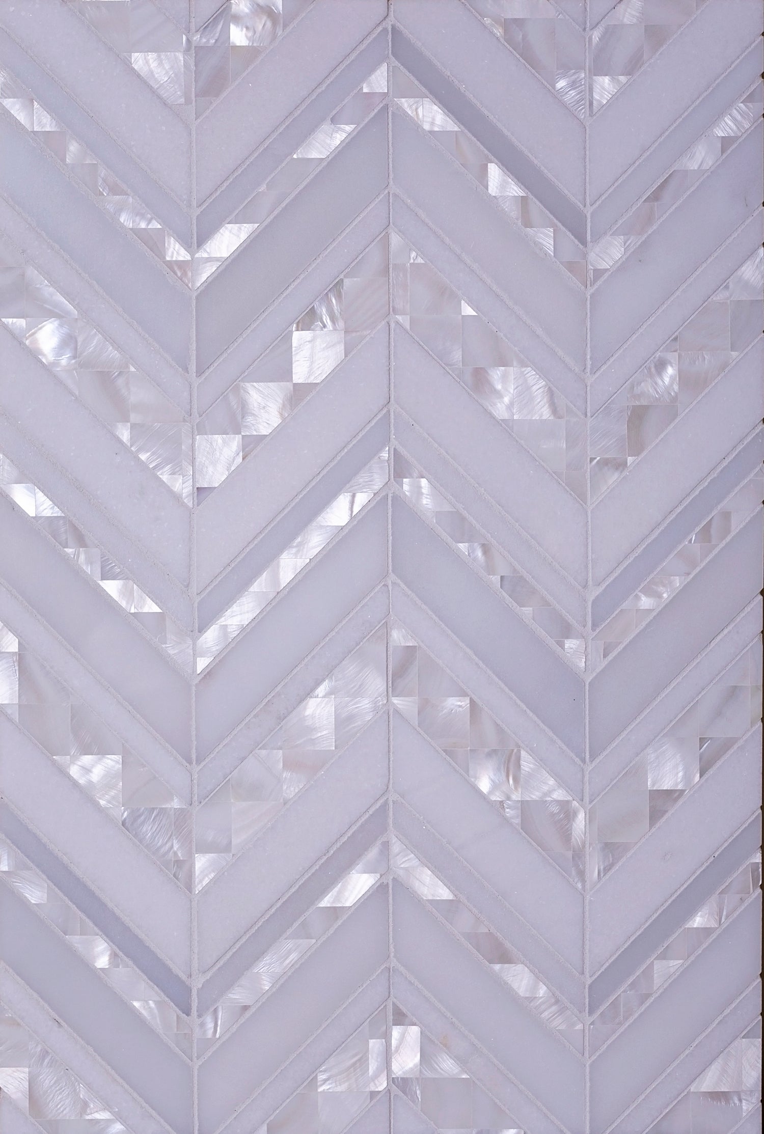 Pearl white polished Thassos shell herringbone mosaic tile with 12x12 size and iridescent shell accents