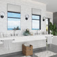 Pearl White 12x12 polished Thassos Shell Herringbone Mosaic tile wall in modern bathroom