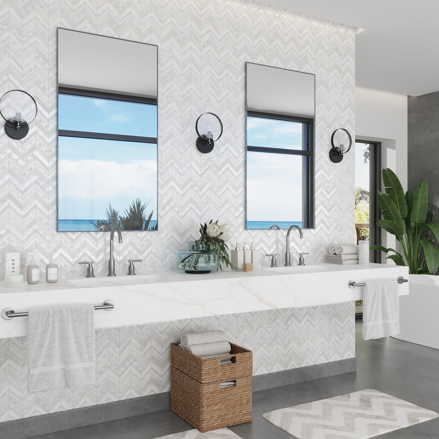 Pearl White 12x12 polished Thassos Shell Herringbone Mosaic tile wall in modern bathroom