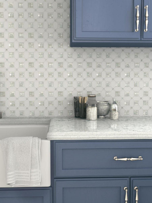 Pearl white polished Thassos marble shell octagon mosaic tile with glossy finish
