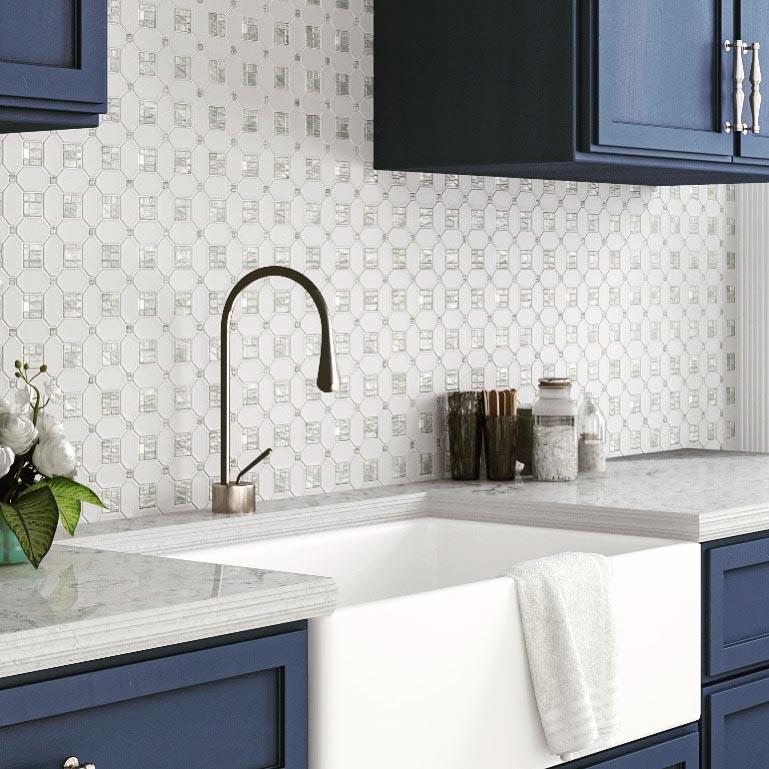 Sample - Pearl White 12x12 Polished Thassos, Shell Octagon Mosaic tile (5 pack, 5.16 sq ft/case)
