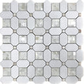 Pearl White polished Thassos shell octagon mosaic tile with square accents in white and beige tones