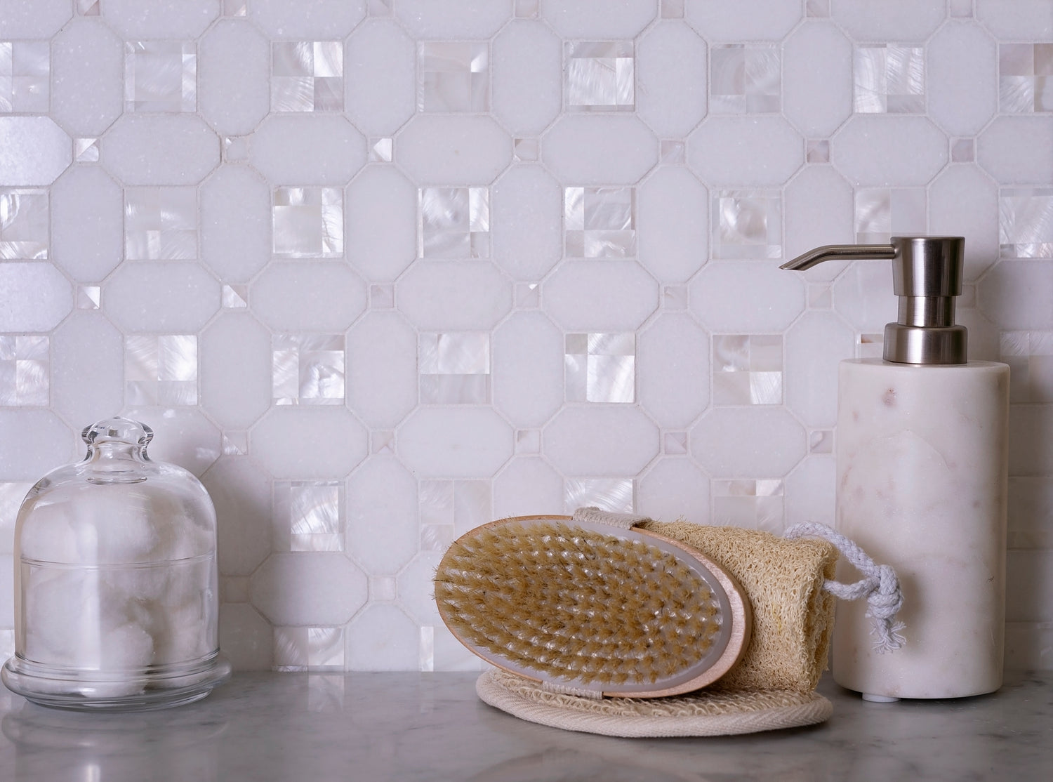 polished pearl white thassos shell octagon mosaic tile 12x12 with glossy finish