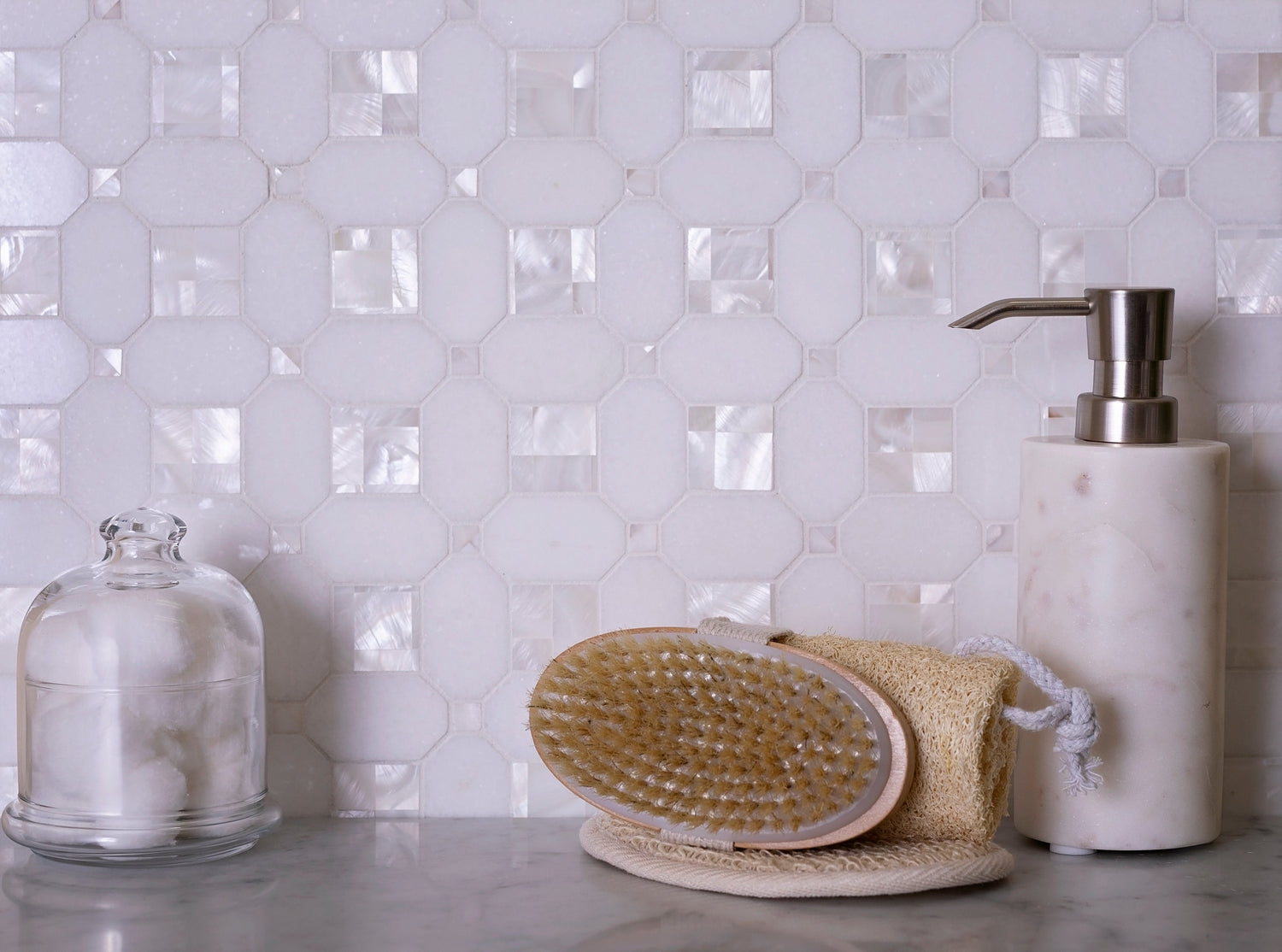 Sample - Pearl White 12x12 Polished Thassos, Shell Octagon Mosaic tile (5 pack, 5.16 sq ft/case)