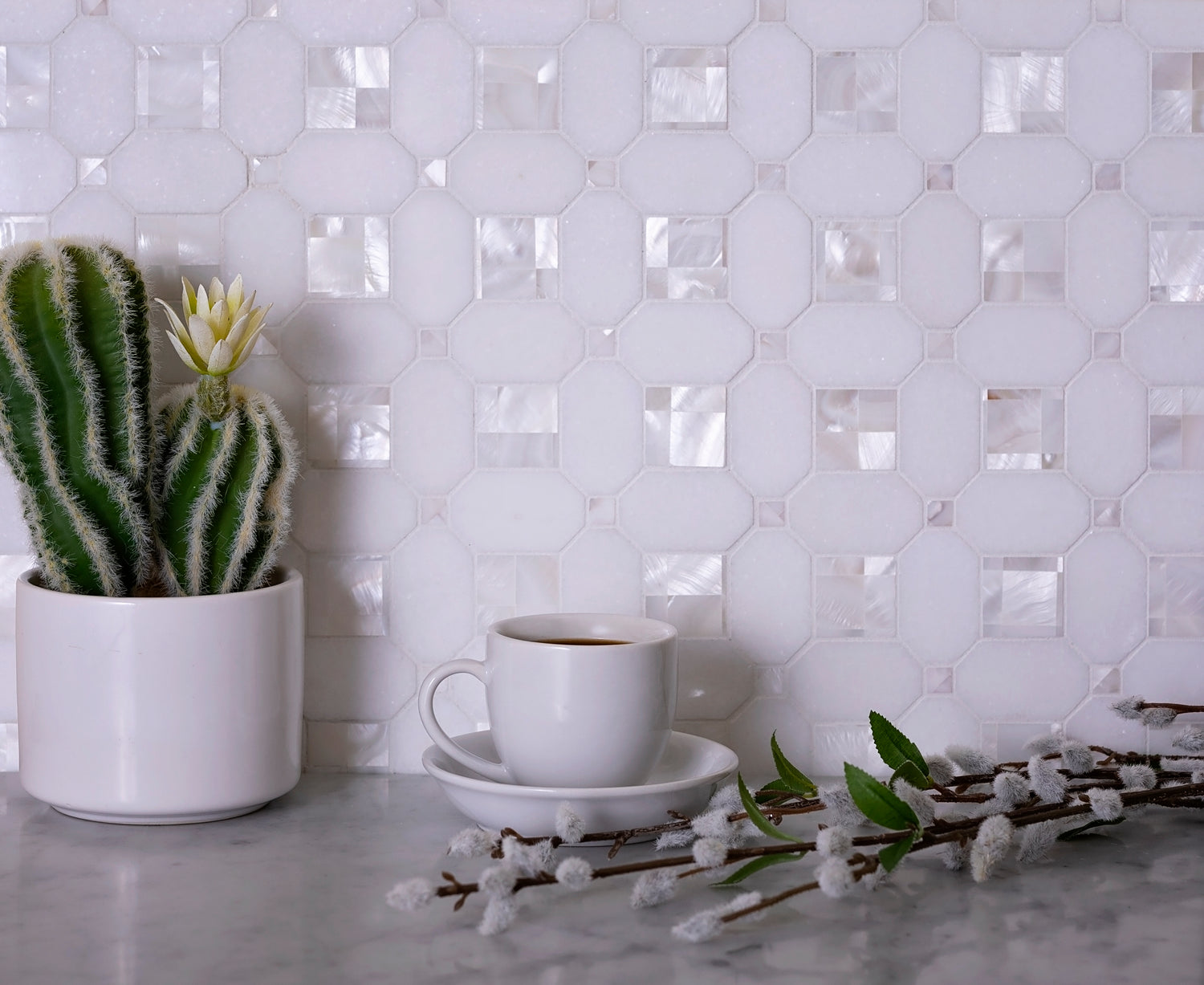 pearl white polished thassos shell octagon mosaic tile with glossy finish and natural stone texture