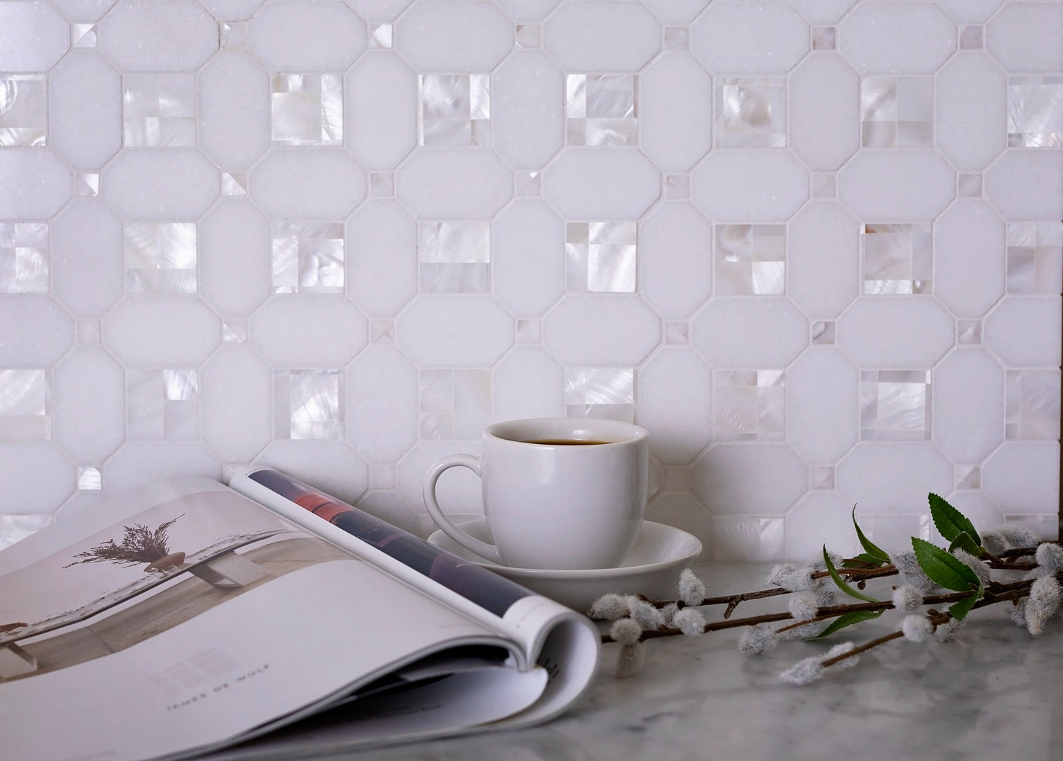 Sample - Pearl White 12x12 Polished Thassos, Shell Octagon Mosaic tile (5 pack, 5.16 sq ft/case)