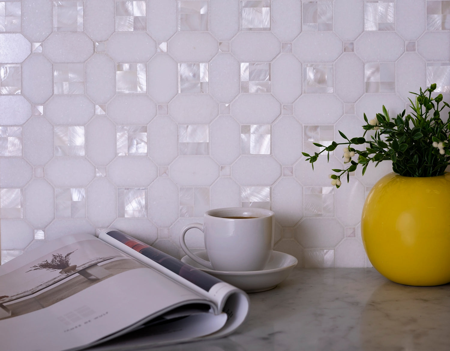 polished pearl white thassos octagon shell mosaic tile with iridescent octagon accents