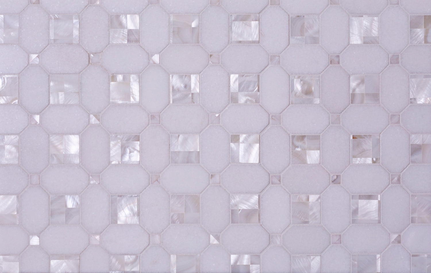 Pearl white polished Thassos shell octagon mosaic tile with square accents in light gray and iridescent finish
