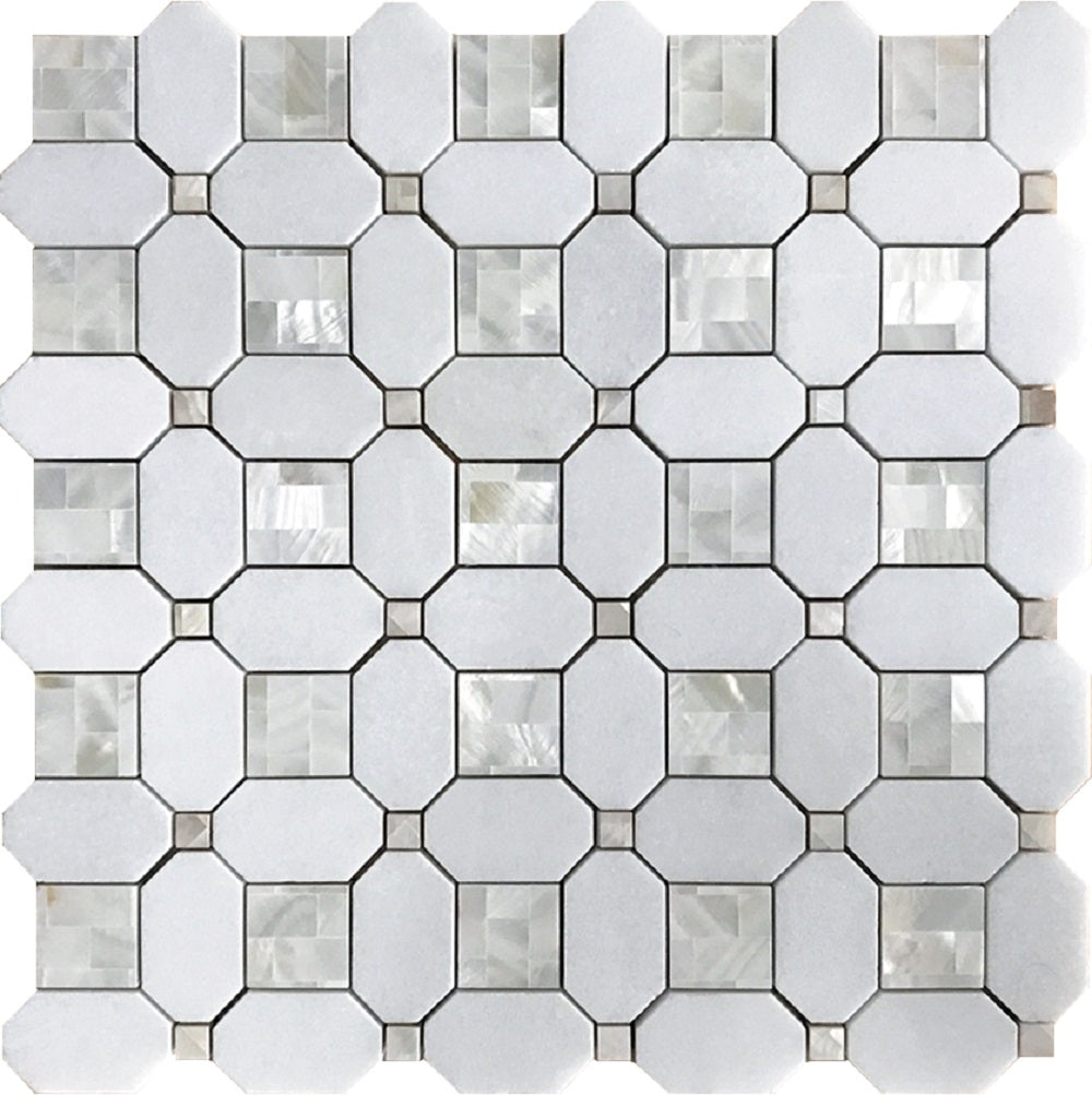 Sample - Pearl White 12x12 Polished Thassos, Shell Octagon Mosaic tile (5 pack, 5.16 sq ft/case)