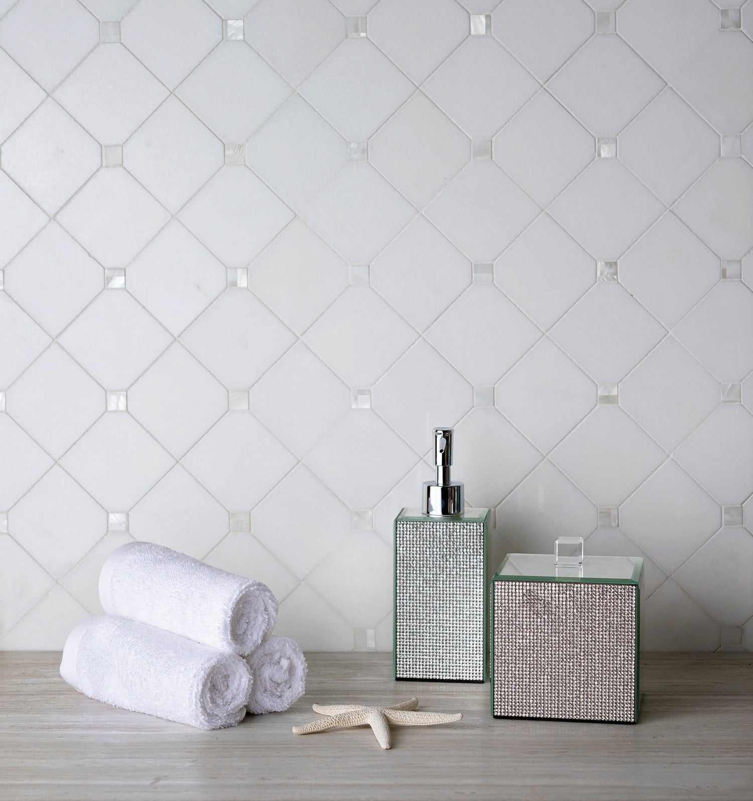 Pearl white polished Thassos shell hexagon mosaic tile in 11x11 pattern with subtle square insets