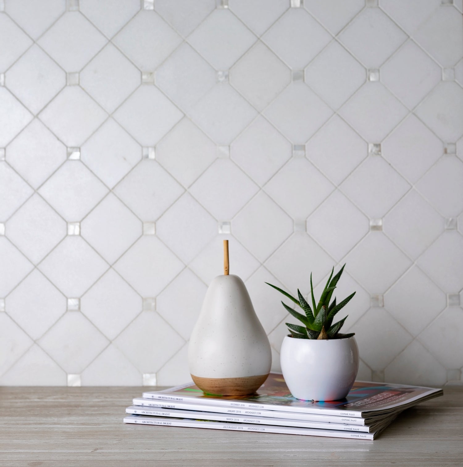 Pearl White 11x11 polished Thassos shell hexagon mosaic tile with glossy finish