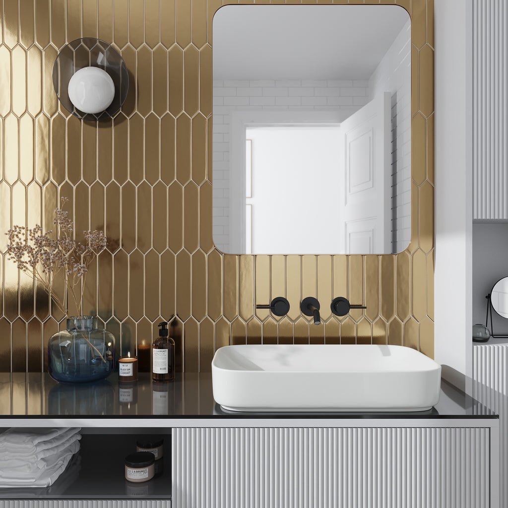 Gold 2x10 Glossy Picket Ceramic Tile (44 pack, 5.38 sq ft/case) - Sample