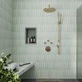 Tea green ceramic matte picket tiles 2x10 inches installed on shower wall