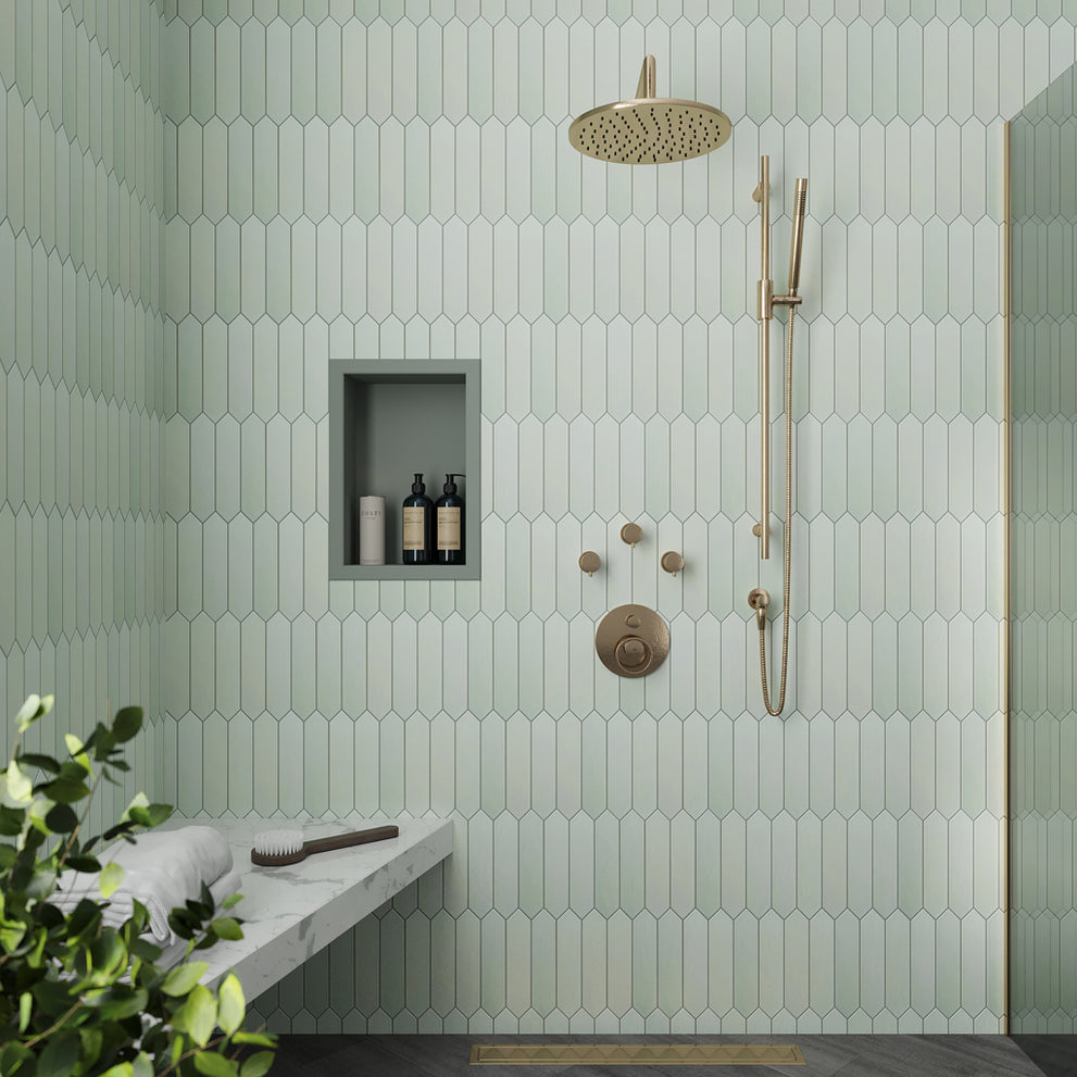 Tea Green 2x10 Matte Picket Ceramic Tile installed in a bathroom