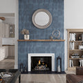 Blue matte ceramic picket tile 2x10 inches on interior fireplace wall