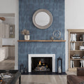 Blue matte ceramic picket tile 2x10 as fireplace wall