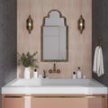 Blush pink ceramic picket tile, 2x10 inch, matte finish on bathroom wall