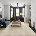 Beige matte porcelain square tiles 18x18 inches installed on a living room floor