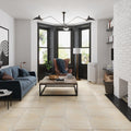 Beige matte porcelain square tiles 18x18 inches installed on living room floor